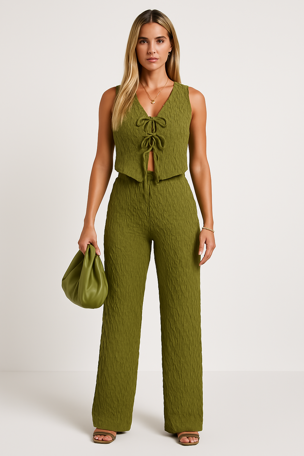 Women's Set Sleeveless Top and Pants – Tied V-Neck – Crinkled Fabric Straight Cut