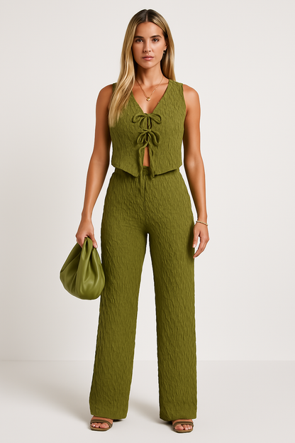 Women's Set Sleeveless Top and Pants – Tied V-Neck – Crinkled Fabric Straight Cut