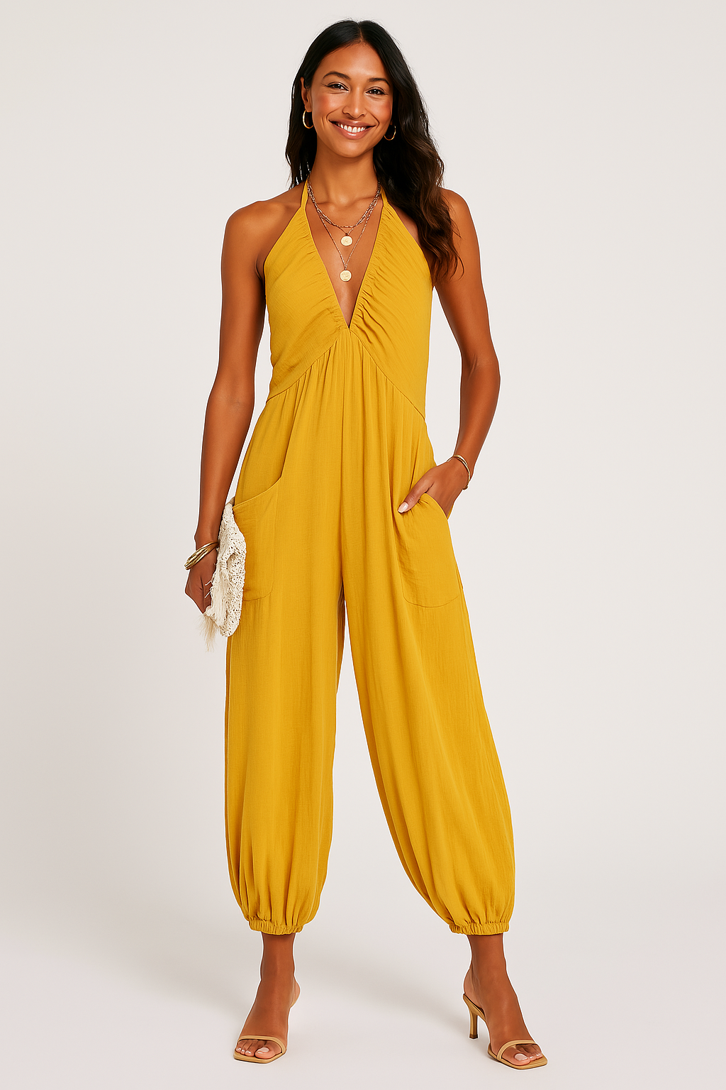 Combinaison Femme – Encolure Halter – Tissu Fluide – Poches – Coupe Décontractée