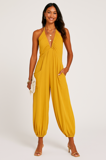 Combinaison Femme – Encolure Halter – Tissu Fluide – Poches – Coupe Décontractée