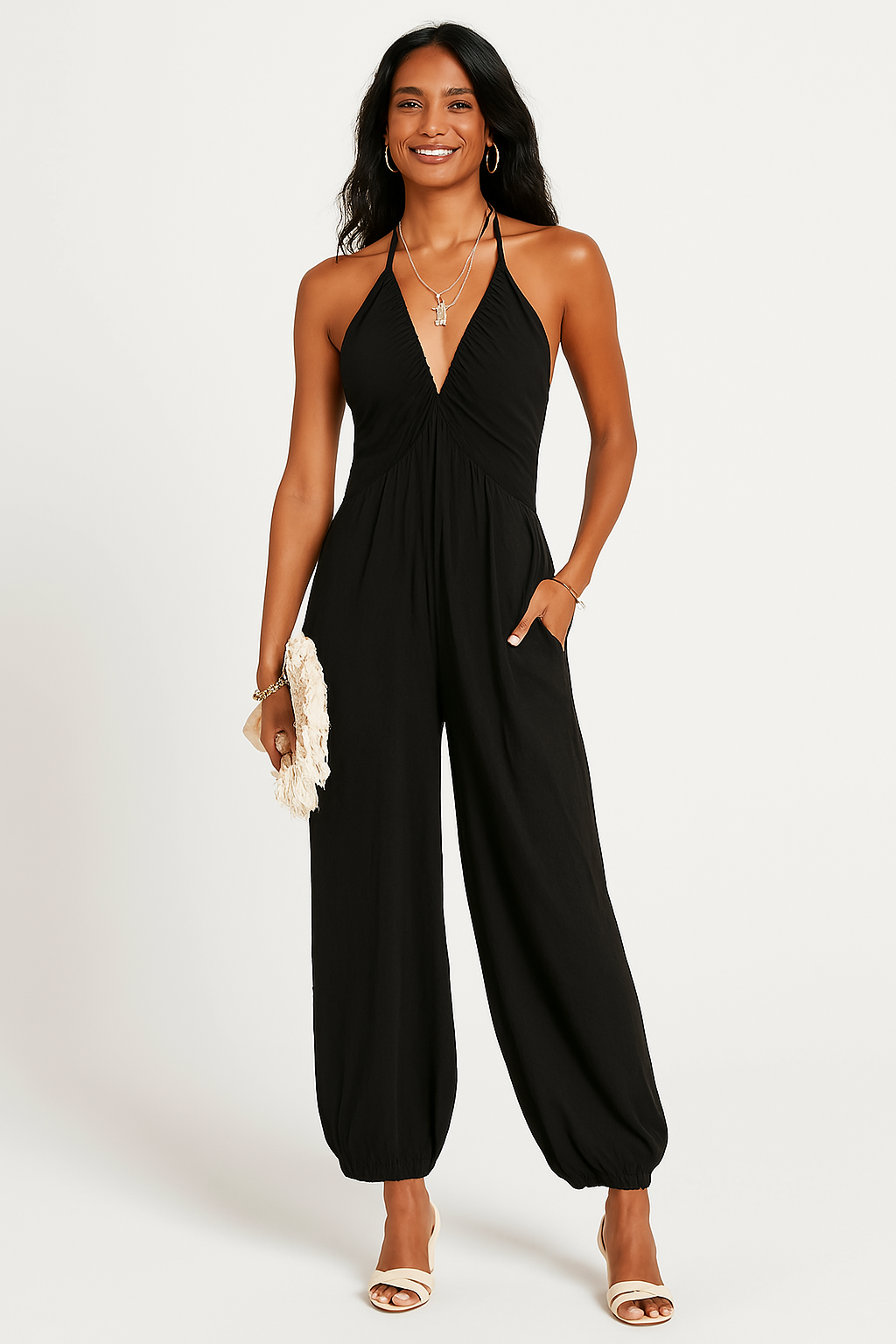 Combinaison Femme – Encolure Halter – Tissu Fluide – Poches – Coupe Décontractée