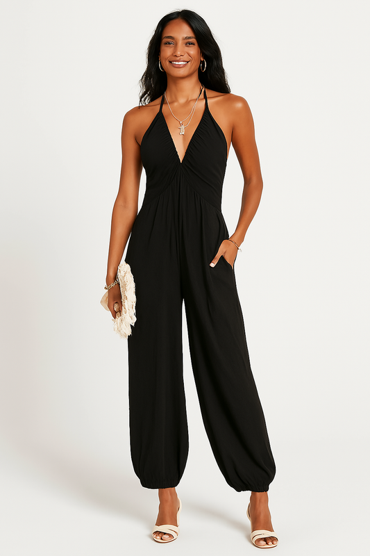 Combinaison Femme – Encolure Halter – Tissu Fluide – Poches – Coupe Décontractée