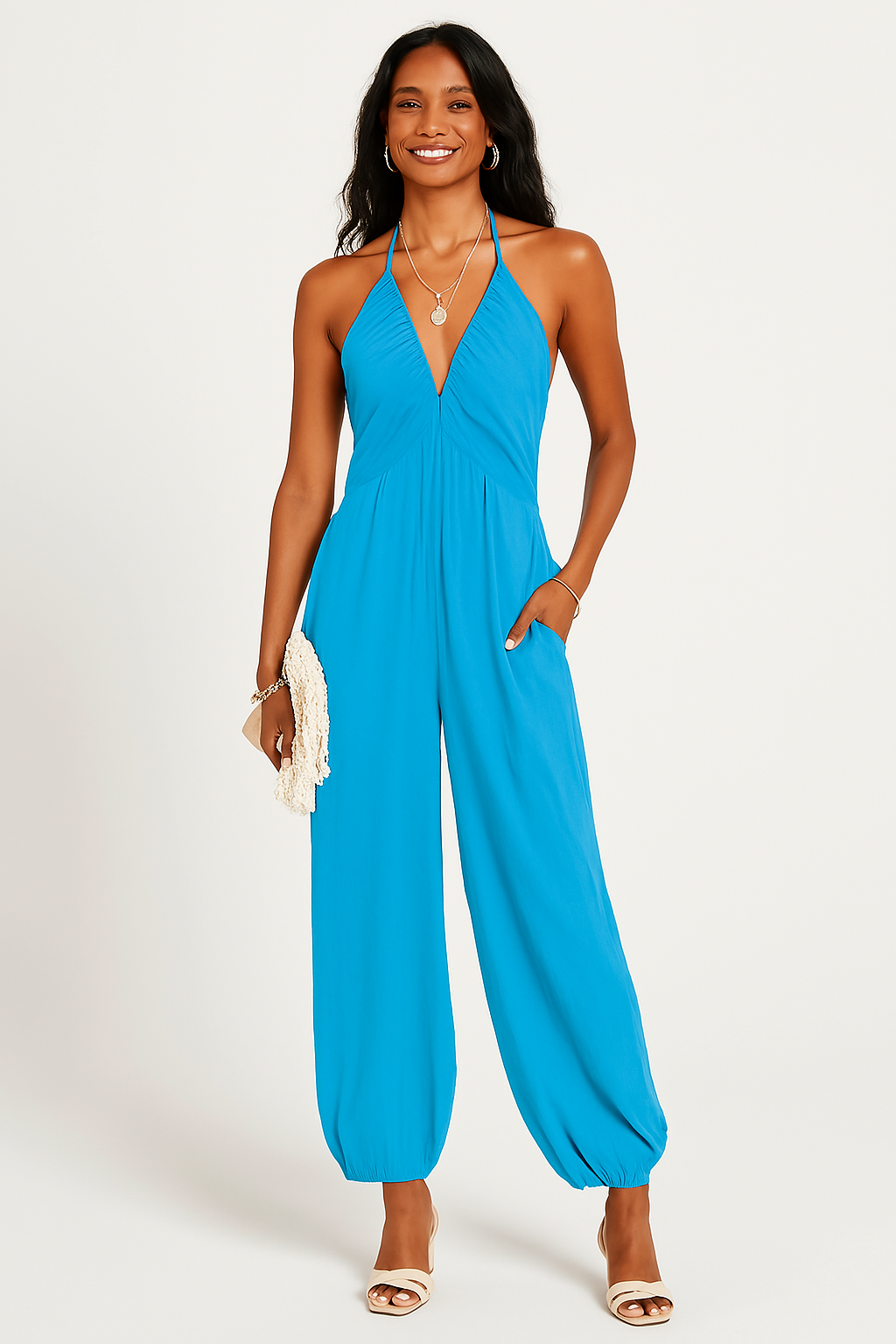 Combinaison Femme – Encolure Halter – Tissu Fluide – Poches – Coupe Décontractée