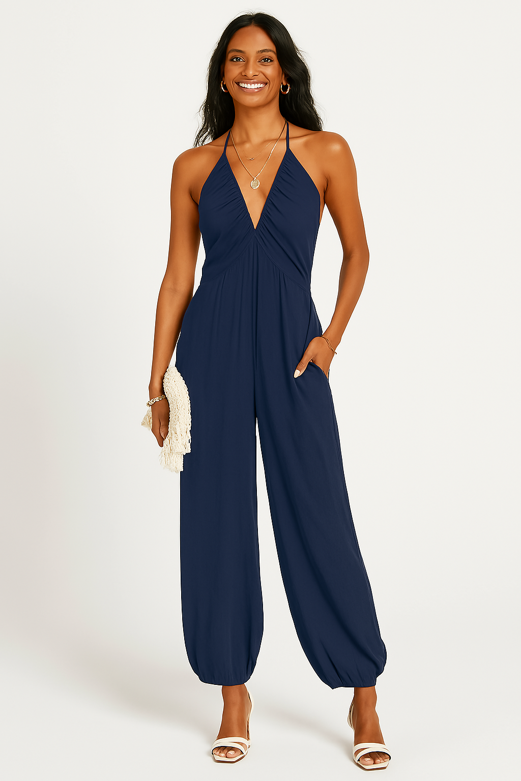 Combinaison Femme – Encolure Halter – Tissu Fluide – Poches – Coupe Décontractée