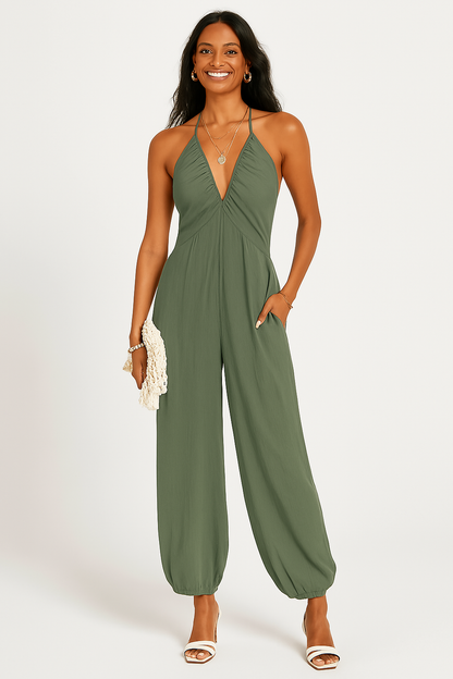 Combinaison Femme – Encolure Halter – Tissu Fluide – Poches – Coupe Décontractée