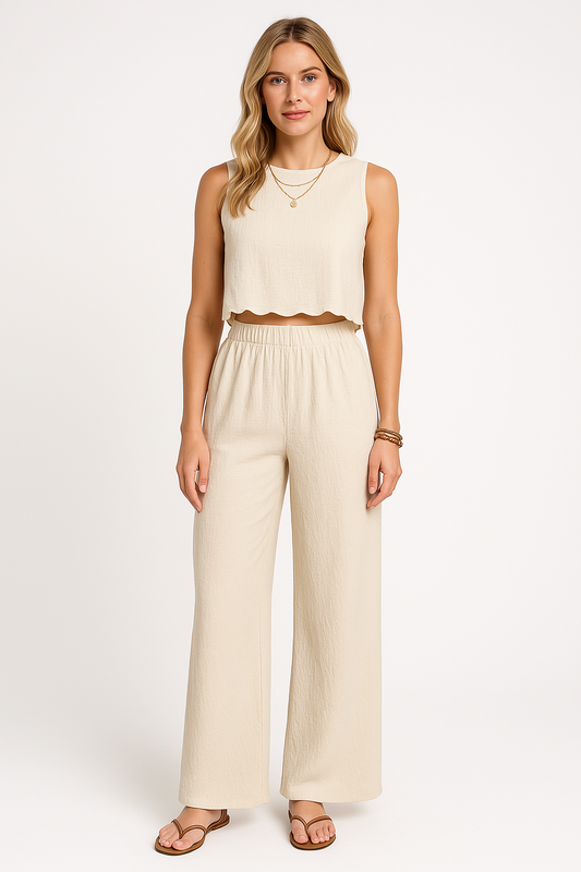 Pantalon femme large – Tissu léger froissé – Taille élastique – Longueur cheville
