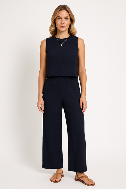 Pantalon femme large – Tissu léger froissé – Taille élastique – Longueur cheville