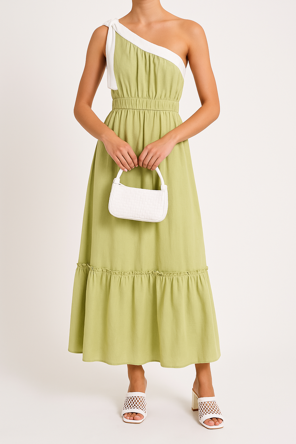 Robe femme – Une épaule – Coupe évasée – Coton doux – Jupe à volants – Longueur midi