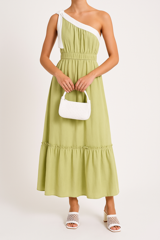 Robe femme – Une épaule – Coupe évasée – Coton doux – Jupe à volants – Longueur midi