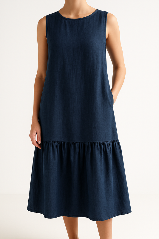 Robe midi femme – Sans manches – Coupe ample – Tissu respirant – Ourlet volanté