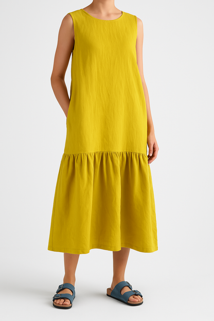 Robe midi femme – Sans manches – Coupe ample – Tissu respirant – Ourlet volanté