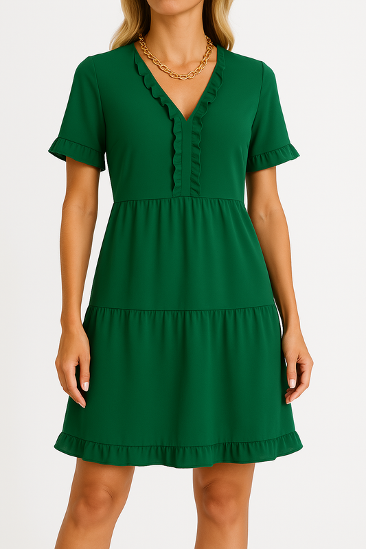 Robe femme évasée – Tissu léger respirant – Col V – Volants – Manches courtes
