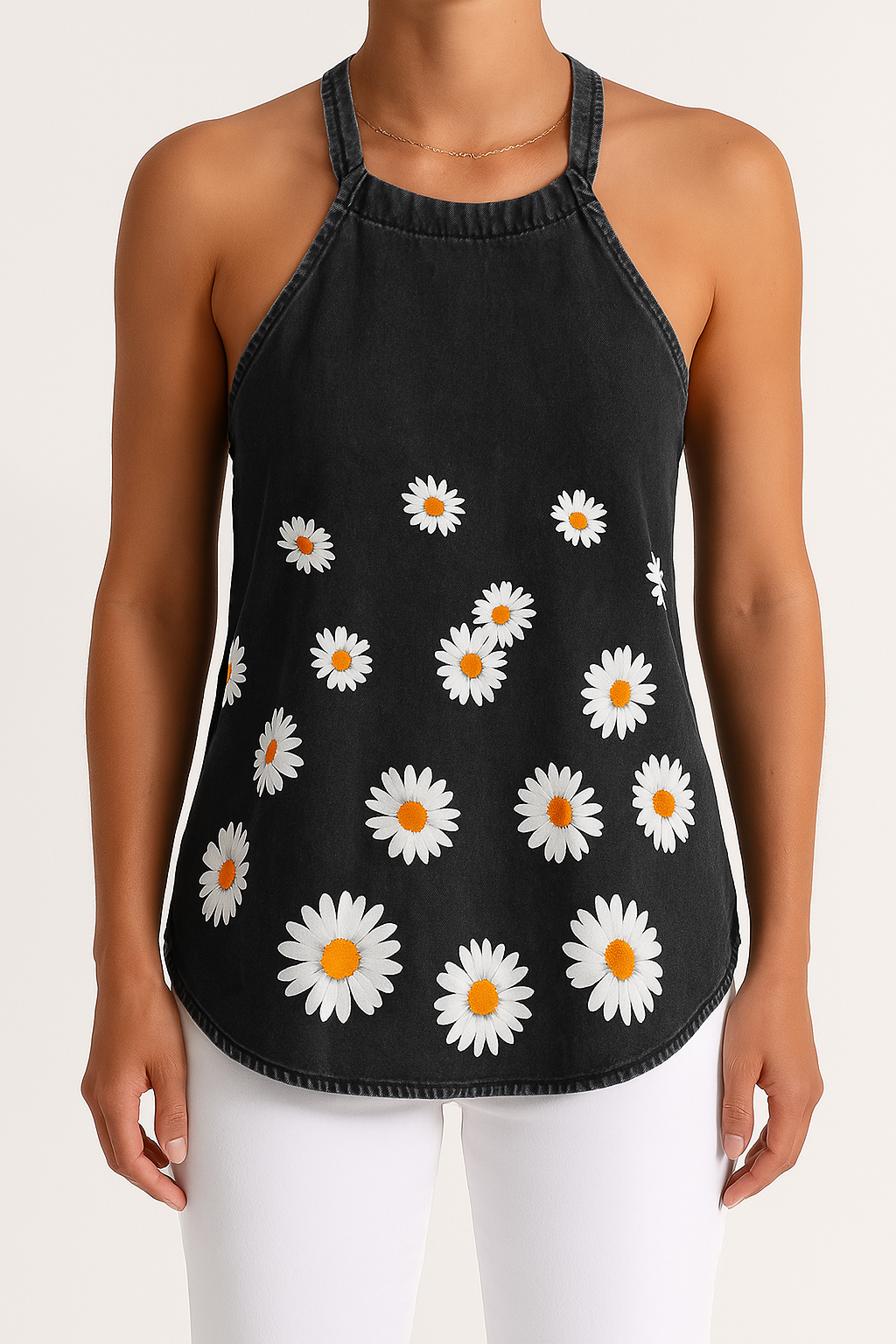 Women's Tank Top – Lightweight Denim – Loose Fit – Thin Straps – Daisy Print