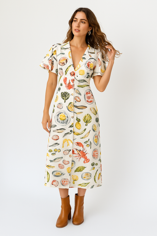 Robe femme col en V – Lin – Coupe ample – Manches courtes – Imprimé boutonné midi
