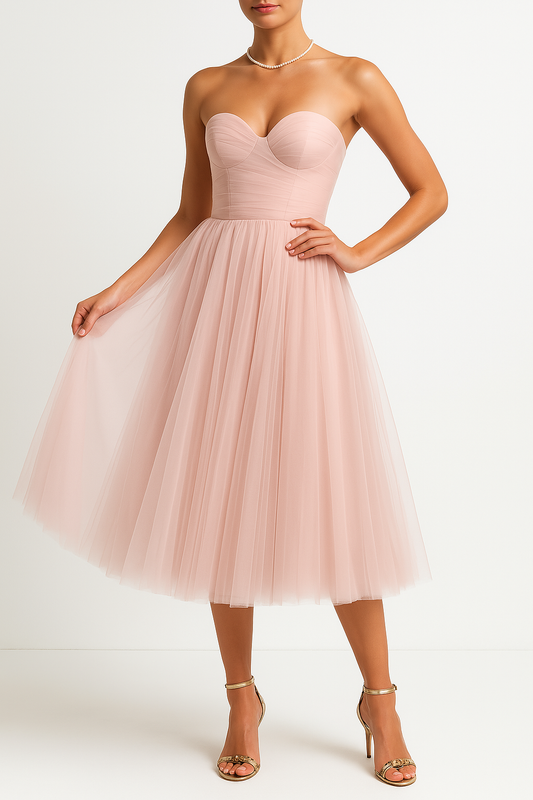Robe femme sans bretelles – Tulle – Bustier ajusté – Coupe évasée midi