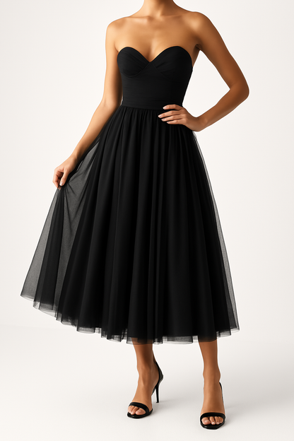 Robe femme sans bretelles – Tulle – Bustier ajusté – Coupe évasée midi
