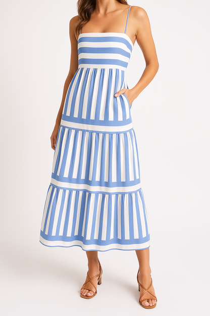 Robe midi femme – Coton – Coupe évasée – Rayures – Bretelles fines – Volants