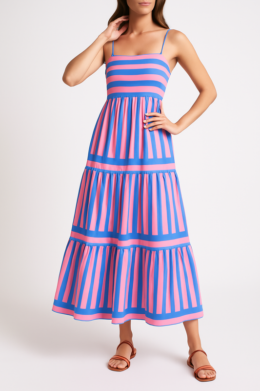 Robe midi femme – Coton – Coupe évasée – Rayures – Bretelles fines – Volants