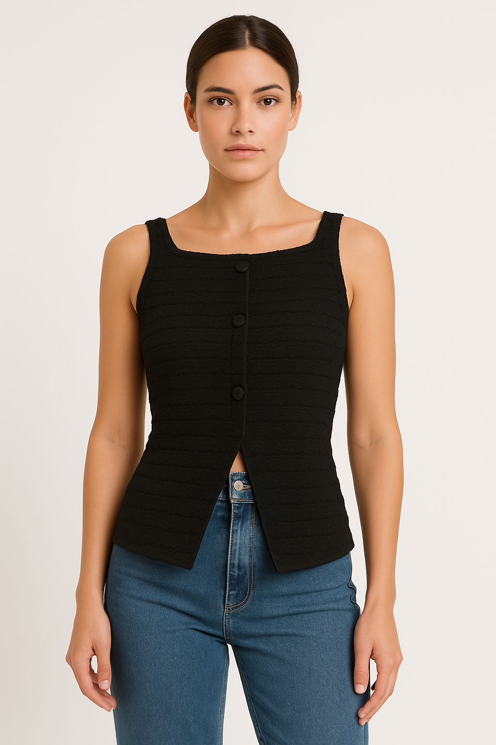 Débardeur Femme – Coupe Slim – Tissu Côtelé – Sans Manches – Détail Boutonné Devant