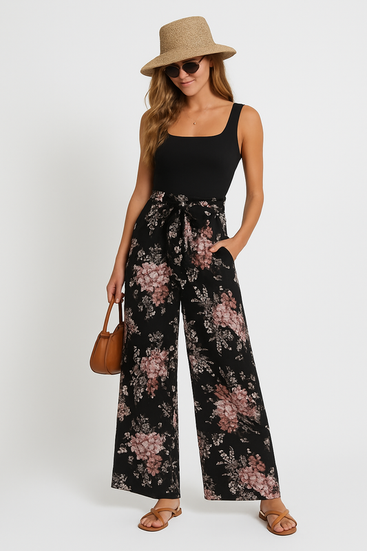 Combinaison femme – Sans manches – Imprimé fleuri – Coupe large – Taille ceinturée