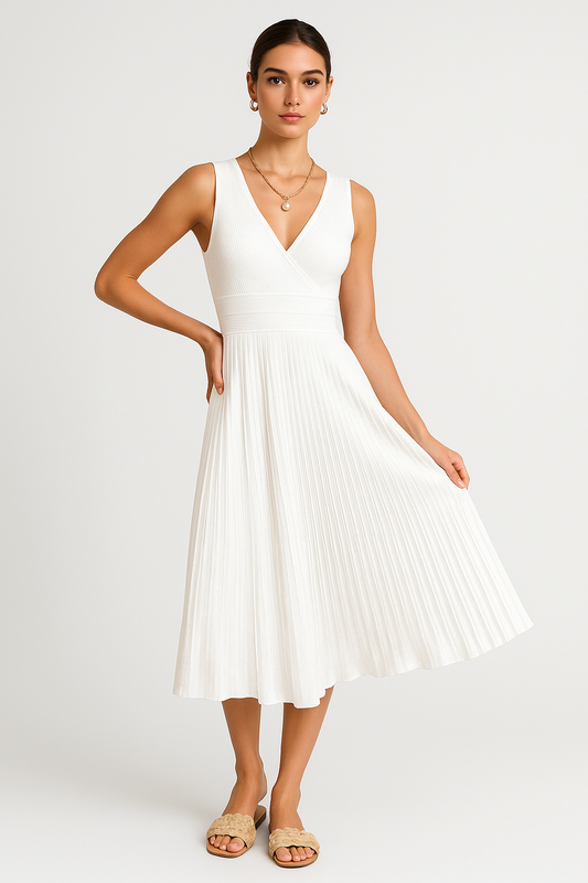Robe midi femme – Coupe ajustée – Sans manches – Col V – Jupe plissée fluide