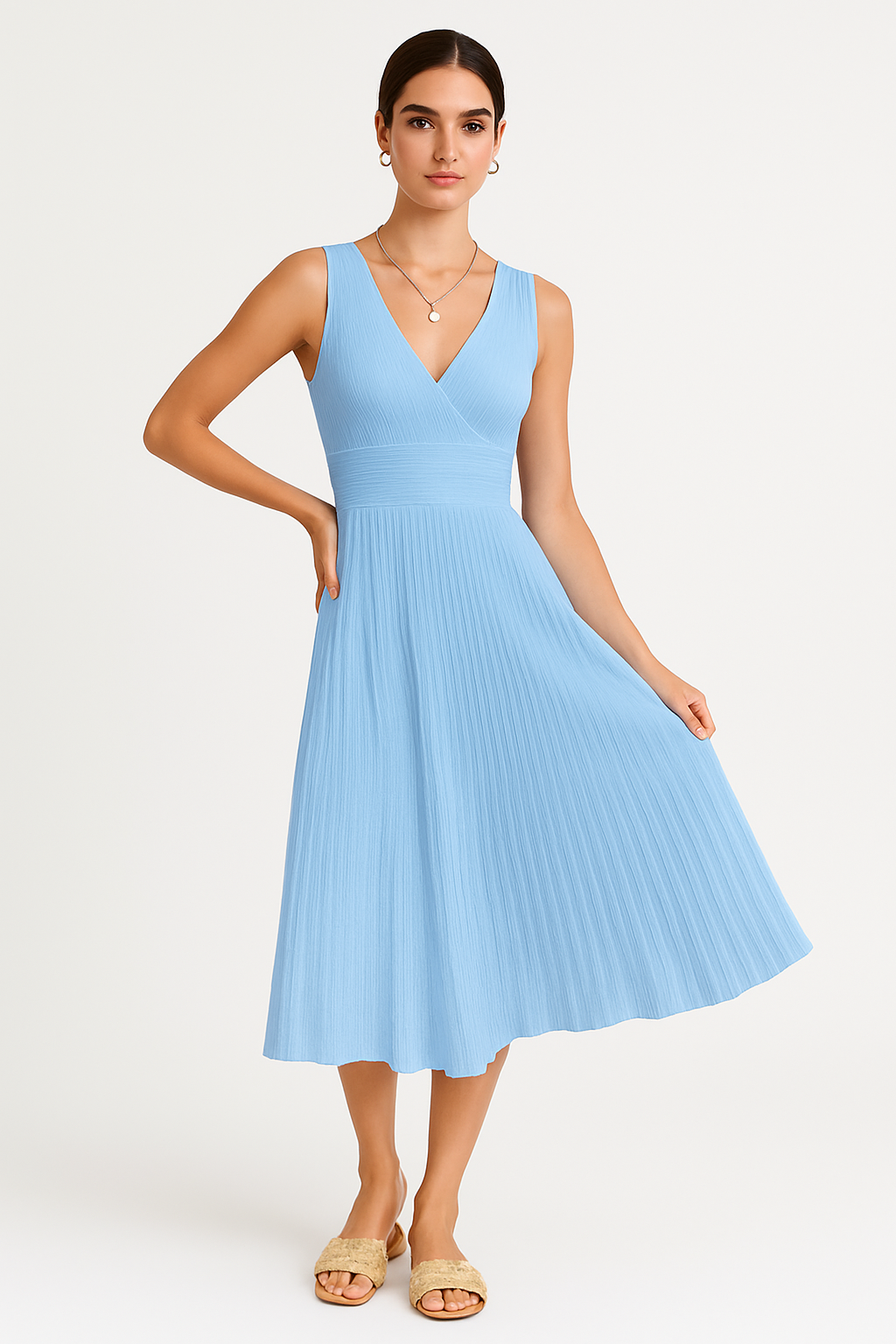 Robe midi femme – Coupe ajustée – Sans manches – Col V – Jupe plissée fluide