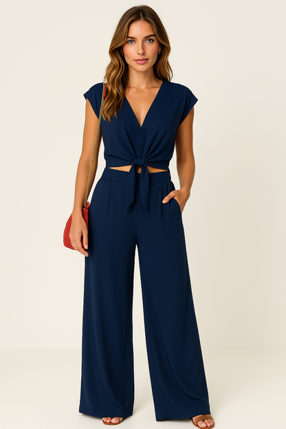 Women's 2-piece set – Cropped tie-front V-neck top – High-waisted wide-leg pants