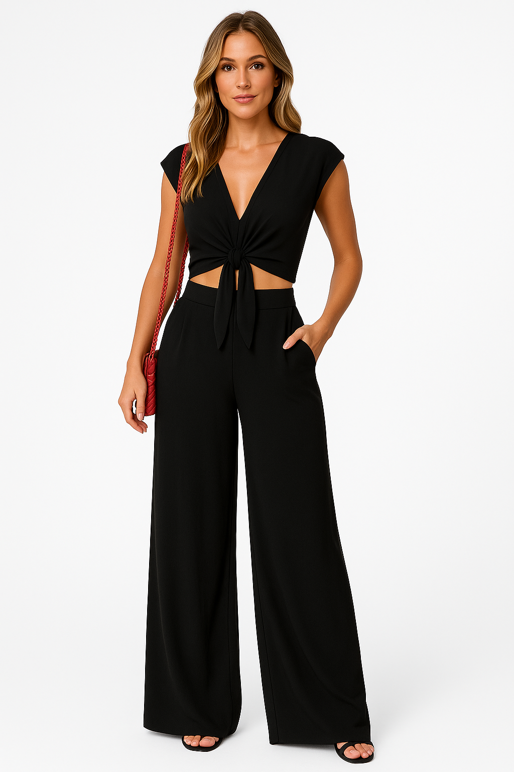 Women's 2-piece set – Cropped tie-front V-neck top – High-waisted wide-leg pants