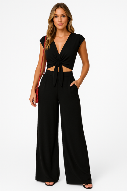 Women's 2-piece set – Cropped tie-front V-neck top – High-waisted wide-leg pants