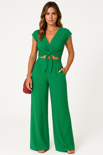 Women's 2-piece set – Cropped tie-front V-neck top – High-waisted wide-leg pants