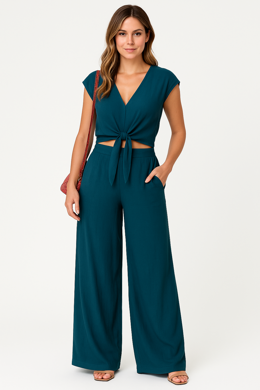 Women's 2-piece set – Cropped tie-front V-neck top – High-waisted wide-leg pants