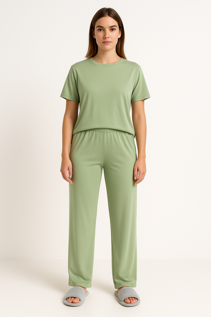 Women's Loungewear Set – Cropped Top Short Sleeves – Wide Pants – Drawstring Waist