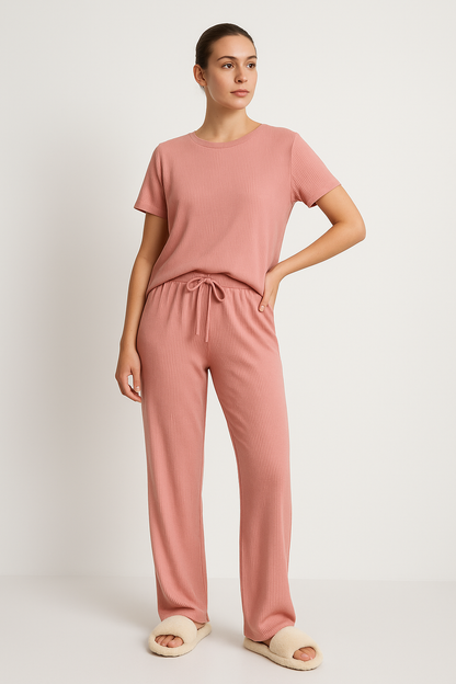 Women's Loungewear Set – Cropped Top Short Sleeves – Wide Pants – Drawstring Waist