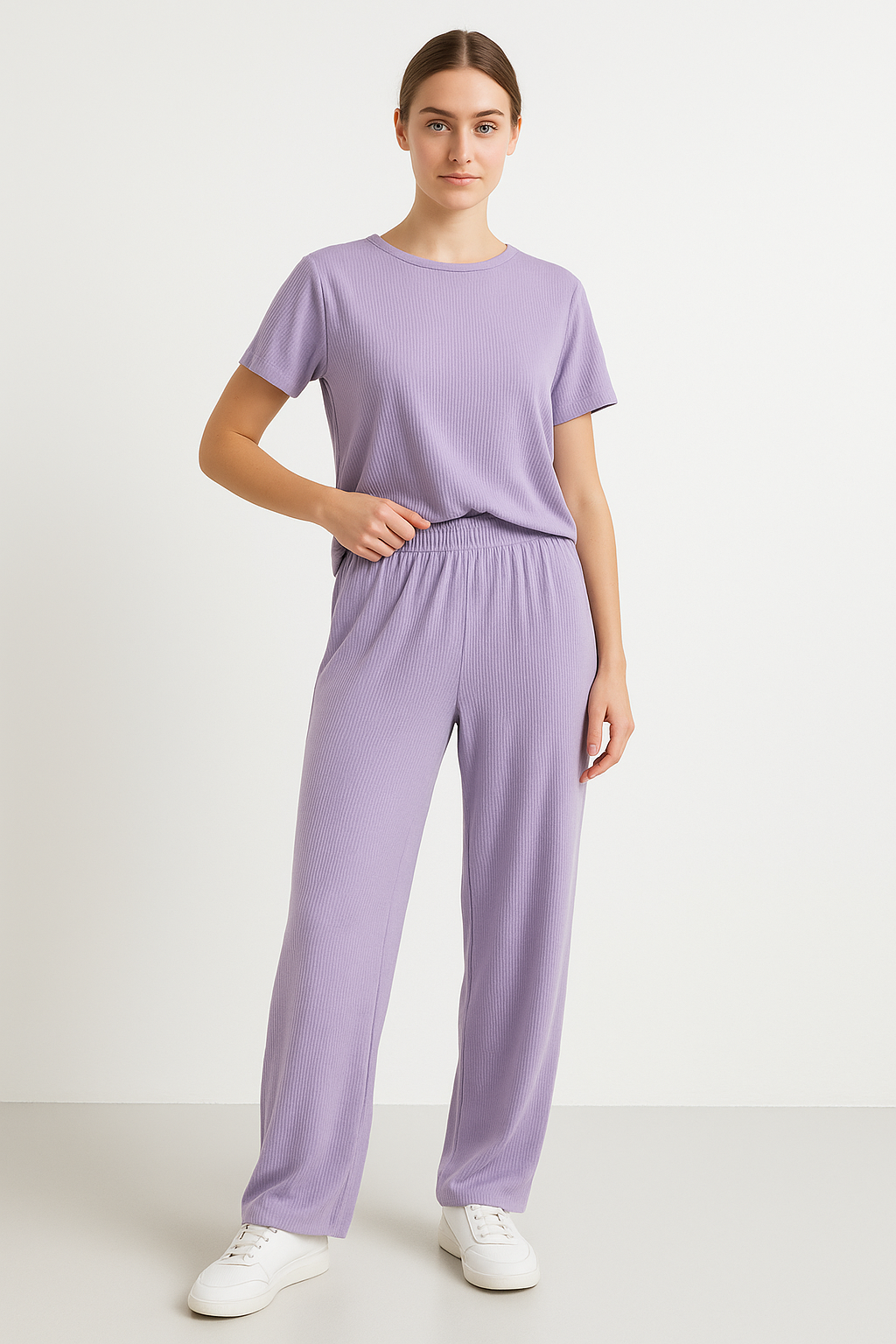 Women's Loungewear Set – Cropped Top Short Sleeves – Wide Pants – Drawstring Waist