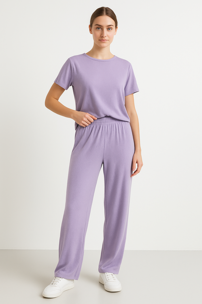 Women's Loungewear Set – Cropped Top Short Sleeves – Wide Pants – Drawstring Waist