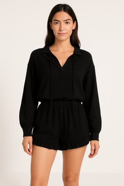 Women's Set – V-Neck Top Puff Sleeves – Flowy Ruffle Shorts Elastic Waist