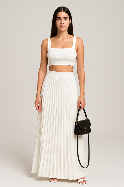 Set women's cropped knit tank – Slim cut – Long pleated high-waisted skirt