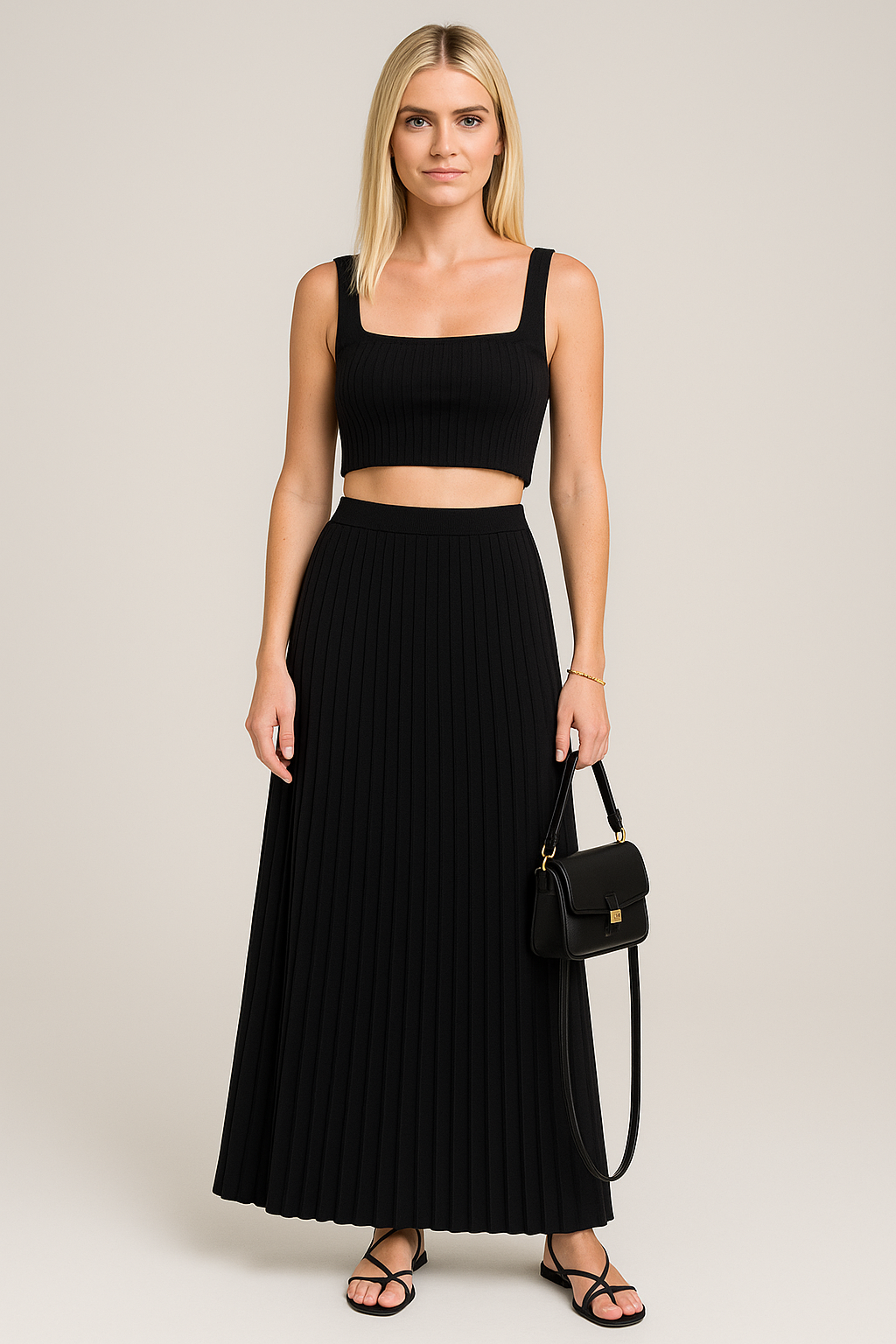 Set women's cropped knit tank – Slim cut – Long pleated high-waisted skirt