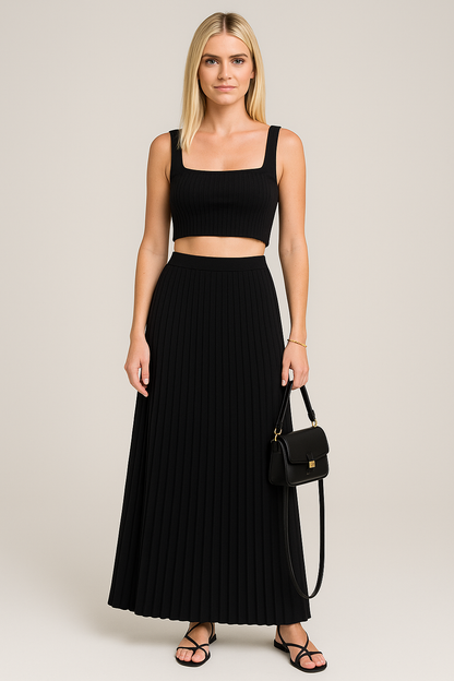 Set women's cropped knit tank – Slim cut – Long pleated high-waisted skirt