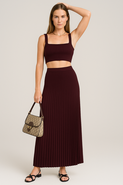 Set women's cropped knit tank – Slim cut – Long pleated high-waisted skirt