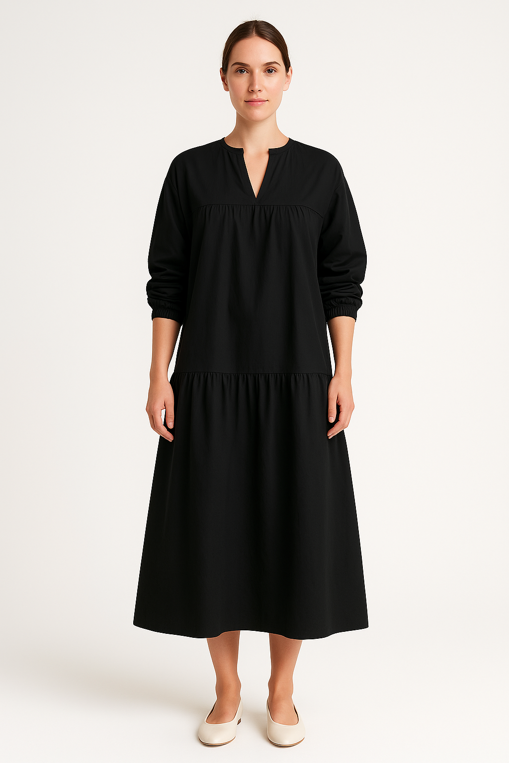 Women's long dress – Cotton linen – Loose fit – Puff sleeves – V neck