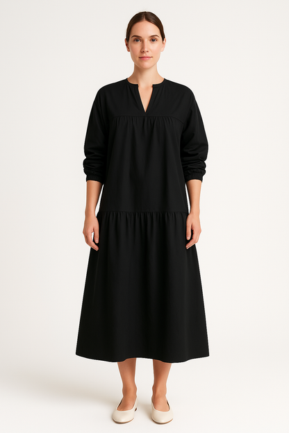 Women's long dress – Cotton linen – Loose fit – Puff sleeves – V neck