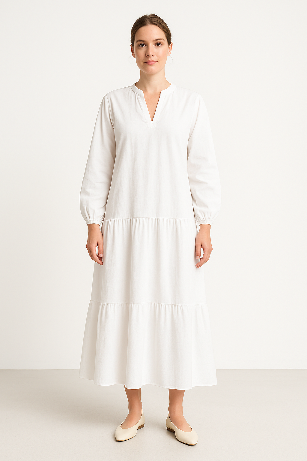 Women's long dress – Cotton linen – Loose fit – Puff sleeves – V neck