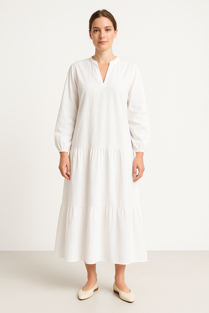 Women's long dress – Cotton linen – Loose fit – Puff sleeves – V neck