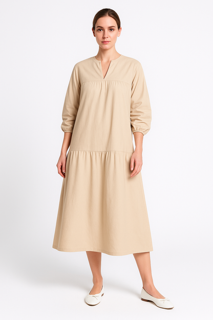 Women's long dress – Cotton linen – Loose fit – Puff sleeves – V neck