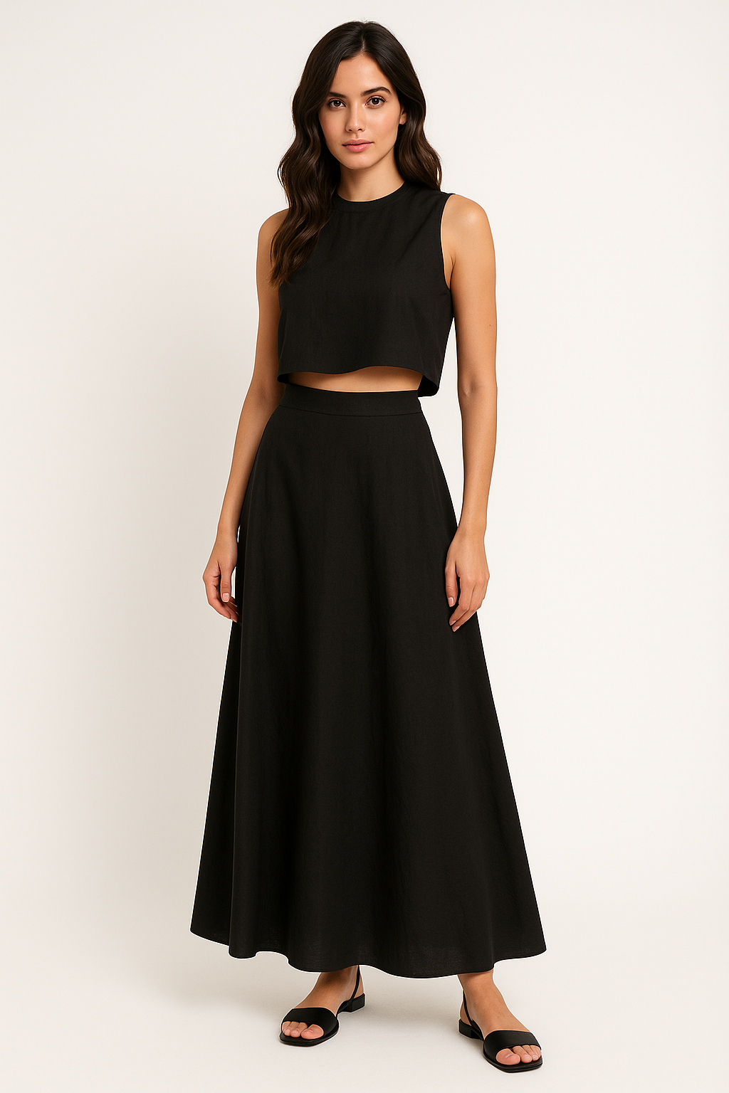 Ensemble Femme Deux Pièces – Top Court Sans Manches – Jupe Midi Taille Haute Fluide