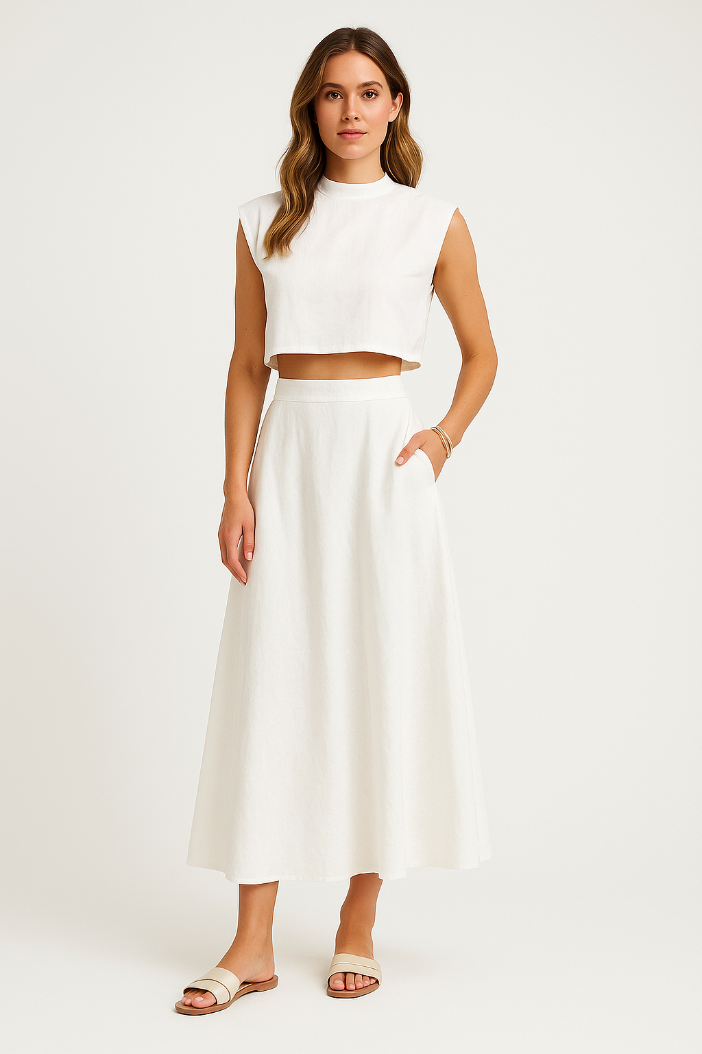Ensemble Femme Deux Pièces – Top Court Sans Manches – Jupe Midi Taille Haute Fluide