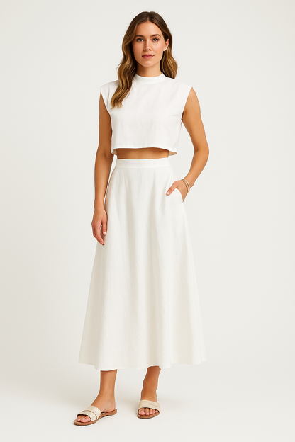 Ensemble Femme Deux Pièces – Top Court Sans Manches – Jupe Midi Taille Haute Fluide