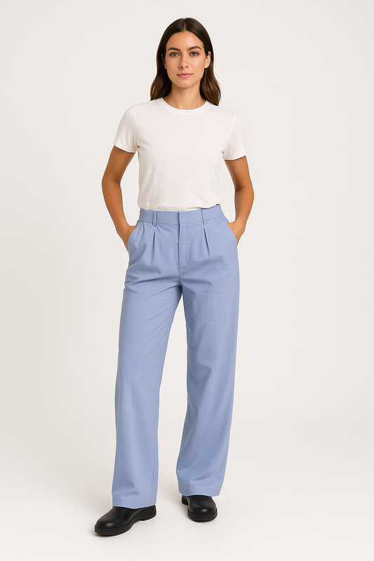 Pantalon femme large – Taille haute – Tissu structuré – Plis élégants – Longueur totale