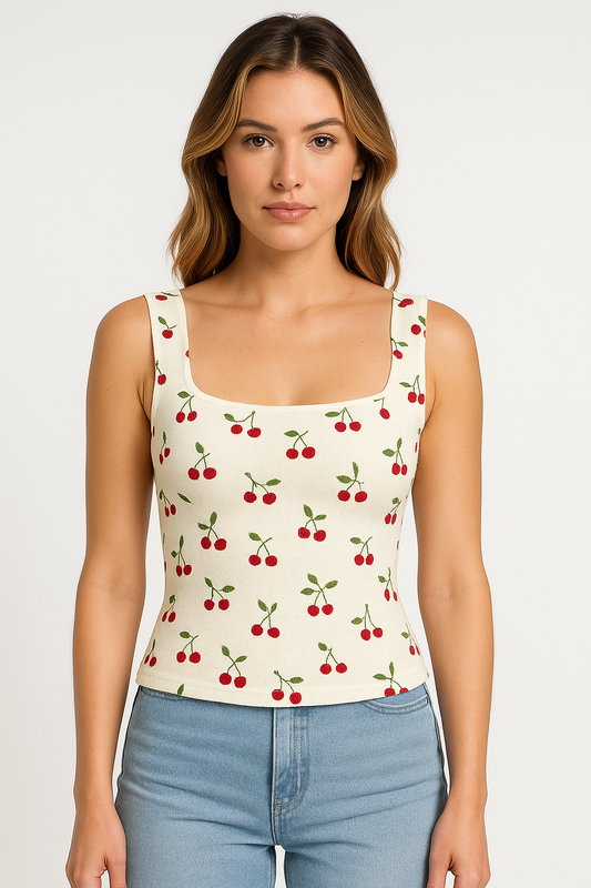 Top court femme – Coupe slim – Col carré – Imprimé cerises – Coton léger respirant